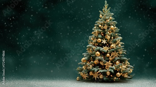 Wallpaper Mural elegant christmas tree decorated with golden ornaments and lights creating a festive atmosphere against a dark green backdrop with sparkling snow Torontodigital.ca