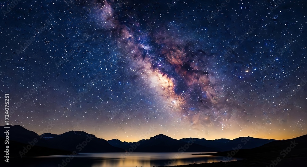Fototapeta premium Majestic Milky Way over tranquil lake and silhouetted mountain range
