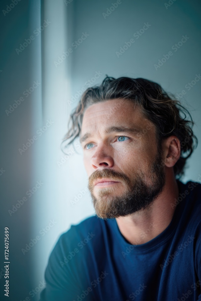 Fototapeta premium Contemplative man gazing thoughtfully out of window, soft lighti
