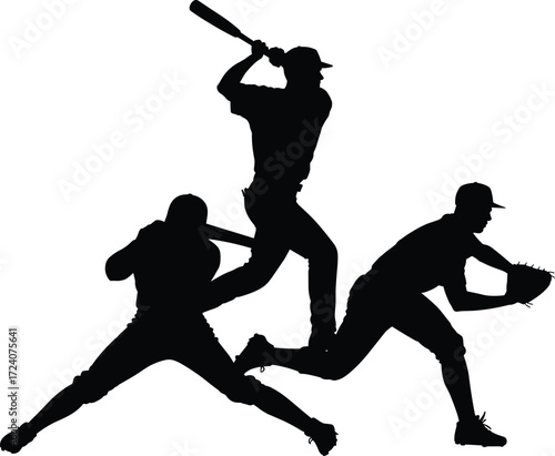 Baseball silhouette illustration, batting pose, jumping swing, fielding action, sports vector, black athlete, glove catch, dynamic movement, white background