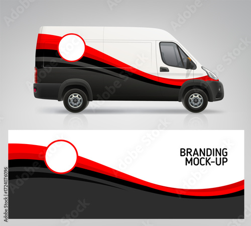 Delivery Van Branding graphics of abstract RED waves decal design. Side view Van, Truck mockup with Red stripe branding wrap design. Branding vehicle with space for your logo design. Editable vector