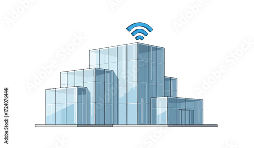 Modern office building with glass facade and a wifi signal icon on top, isolated on white.