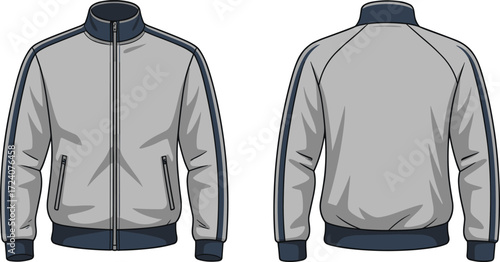 Men’s track jacket fashion flat sketch with zipper front, ribbed collar cuffs and hem, long sleeve outerwear, contrast side panel vector template