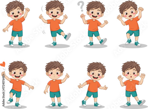 Cartoon boy character showing different emotions and actions, kids expressions, playful child poses, cute illustration, fun educational design, vector art