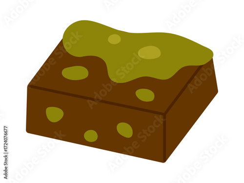 Vector Dubai chocolate brownie with pistachio topping isolated on white. Tasty nutty dessert illustration for bakery menu, confectionery packaging, cafe branding, and food design.