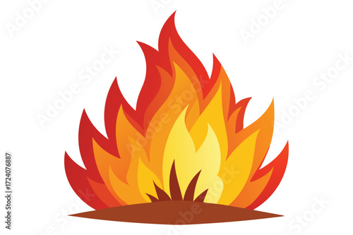 Vivid flames dance upwards from a small, brown patch of ground below on white
