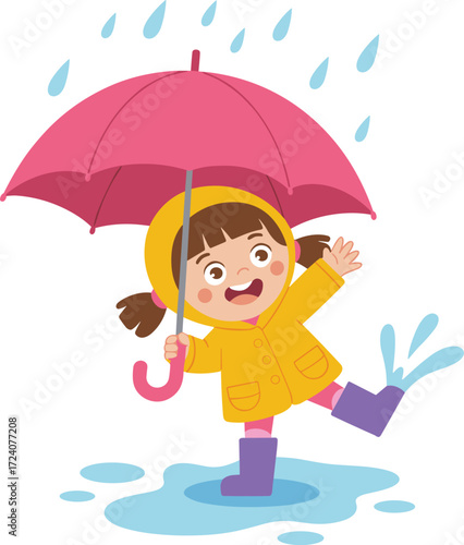 Cute little girl playing in rain, cartoon child holding umbrella, happy kid splash water puddle, rainy day fun illustration