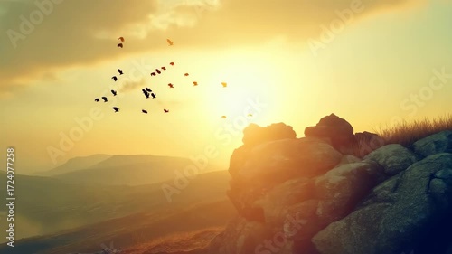 Birds soaring into the bright sunset over distant mountains in serene slow motion, birds flies into the distance slow motion