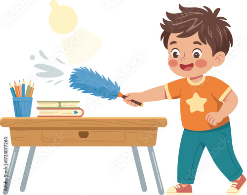 Happy cartoon boy cleaning table, kid dusting furniture, child helping at home, household chores, learning responsibility, home cleanliness, playful illustration concept