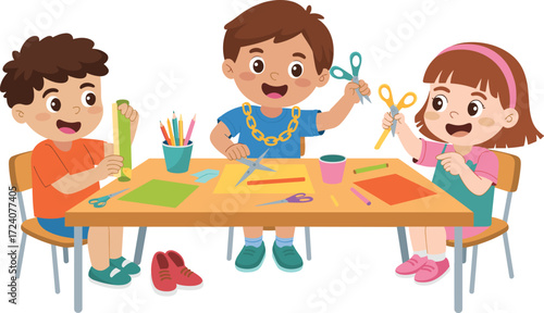 Happy children doing art and craft activities, kids using scissors and paper, creative classroom fun, cartoon illustration, learning and creativity