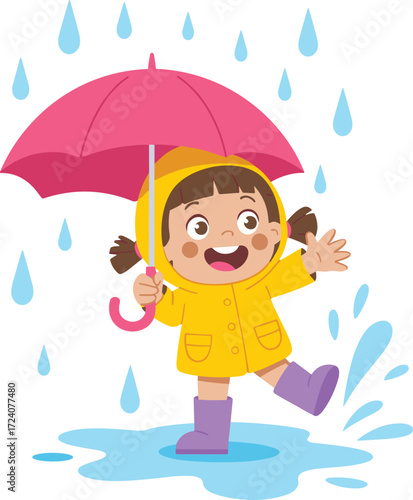 Happy little girl in yellow raincoat playing in puddle, cartoon child holding pink umbrella, rainy day fun water splash illustration