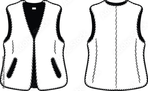 Women’s faux fur vest fashion flat sketch with open front, pockets, longline silhouette, outerwear cad drawing, sleeveless jacket vector template design
