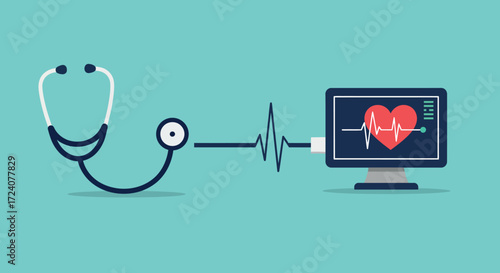 Illustration of a Stethoscope Connecting to a Heartbeat Monitor, Symbolizing Healthcare, Telemedicine, and Medical Diagnostics. Ideal for HealthTech, Medical Wellness, and Hospital Content.