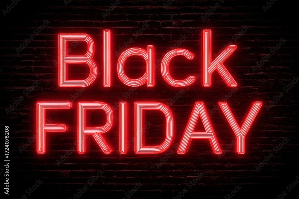 Obraz premium Red glowing letters spell out Black Friday against a brick wall.