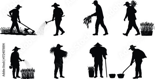Farmer silhouette working in agriculture field, planting, watering, harvesting crops, carrying bundles, rural lifestyle, traditional farming, Asian culture, agriculture illustration