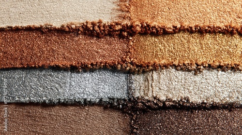 Close-up of shimmering metallic eyeshadow palettes in gold, silver, and bronze hues
