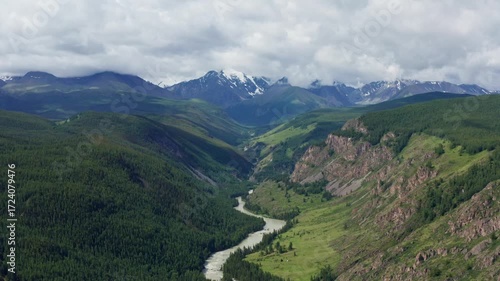 Aerial view of the mountain river between the mountains