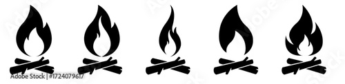 Wood campfire set. Black and white, Camping fire firewood, signal bonfire on beach outdoor fireplace with burn coal or wooden log extinguished flame cartoon campfires