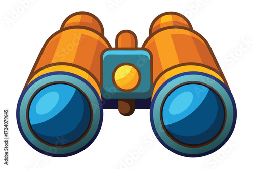 Orange binoculars with blue lens looking forward and a blue square in the center