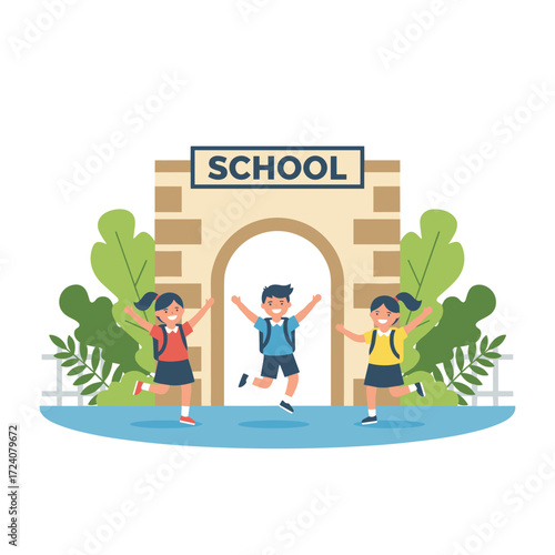 Cheerful students carrying backpacks are leaping in an illustration set against a white background