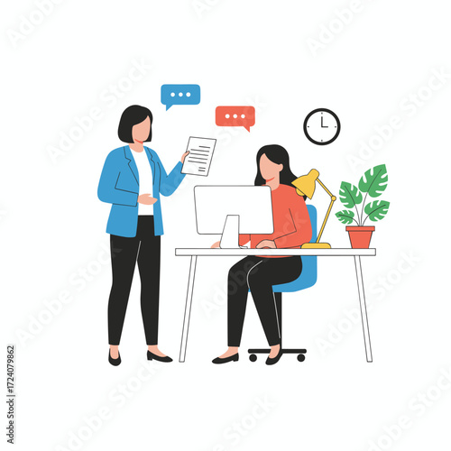 Illustration concept of a girl chatting with employees, depicted as a flat image set against a white background