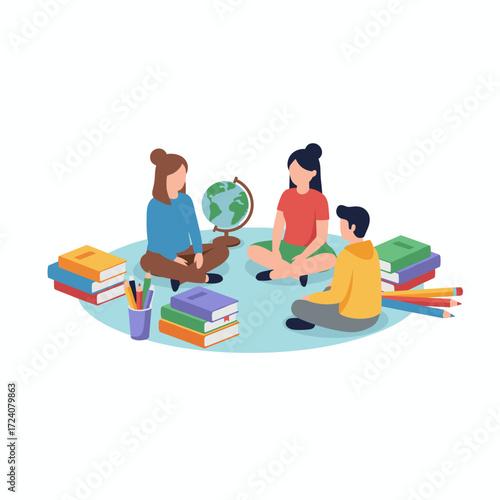 Illustration Concept of Students Reading a Book Together