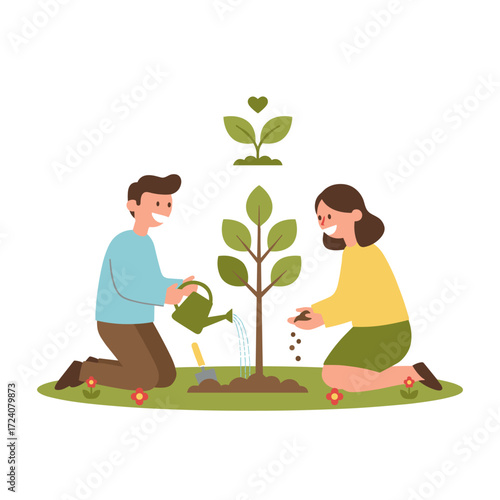 Illustration concept on a white background of a group of volunteers planting trees in the park