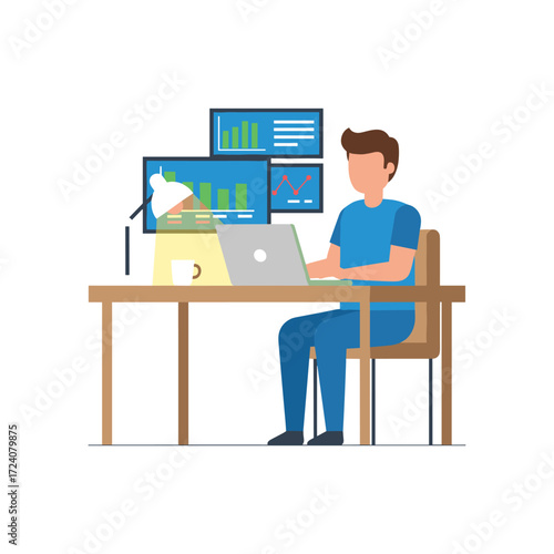 A man studying the  market, illustrated in vector style