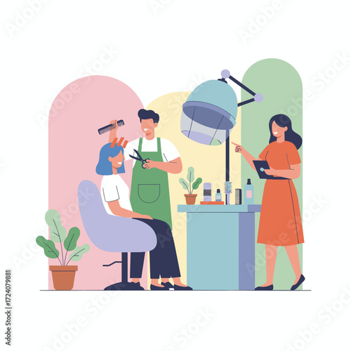 The hairdresser dries a new hairstyle for a customer in a salon