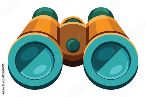 A closeup shows orange and teal cartoon binoculars against a white background