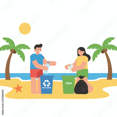 Illustration concept of a couple collecting waste from the beach on a white background