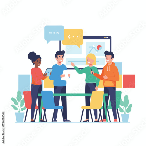 A vector illustration concept depicting diverse people mingling at an event, presented as a flat illustration on a white background