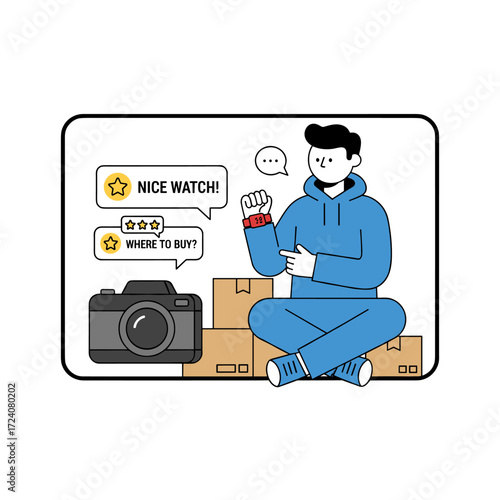 A male vlogger unboxes and reviews a product live on YouTube in a studio, depicted as a flat illustration isolated on a white background
