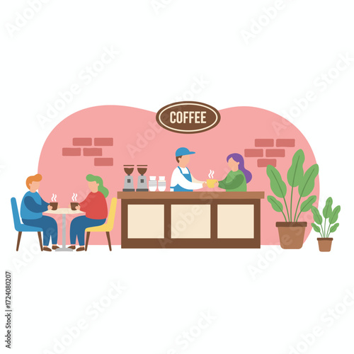 A coffee shop or café where patrons sit at tables sipping coffee while a barista stands behind the counter