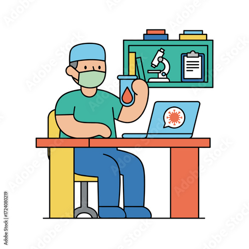 A male doctor-scientist wearing a mask holds a lab tube while working on a coronavirus vaccine; a flat illustration set against a white background