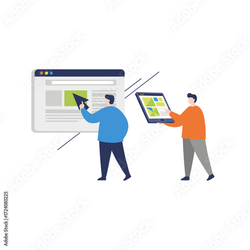 The people team collaborates within the web industry, creating assets such as web banners, infographics, and hero images in a modern flat-color vector style