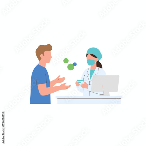 At the pharmacy counter, a pharmacist serves a man who purchases medication