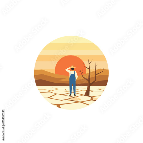 A village in the desert, with houses and a dried‑up tree, is depicted amid natural disasters and drought