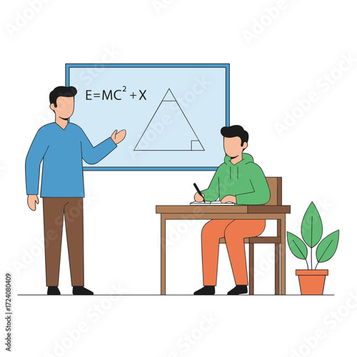 A vector illustration of a female teacher instructing her student, presented as a flat design on a white background