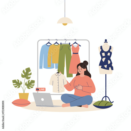 A beauty blogger sells fashion online, reviews products, and records live videos on social media from home