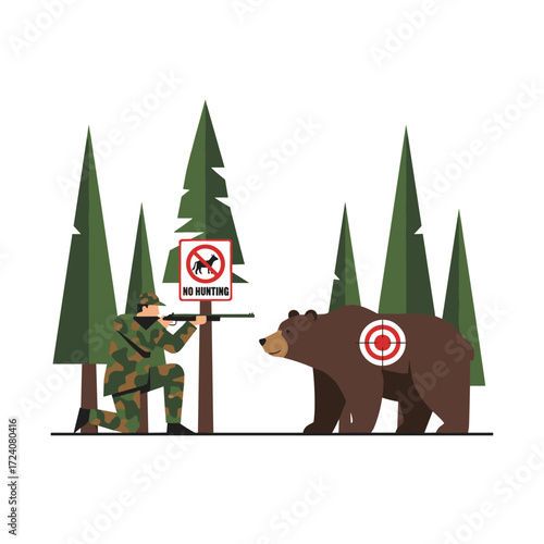 An illustration concept depicting illegal hunting on a white background