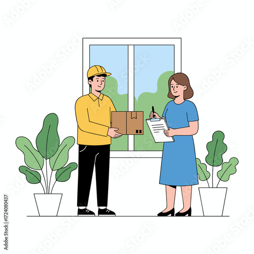 The client stands next to the shipper to sign her invoice