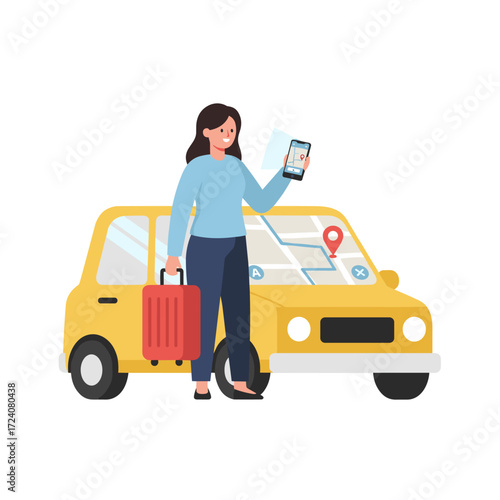 A tourist carrying a suitcase uses a mobile ride‑hailing app to request a car, with the location displayed on the phone screen