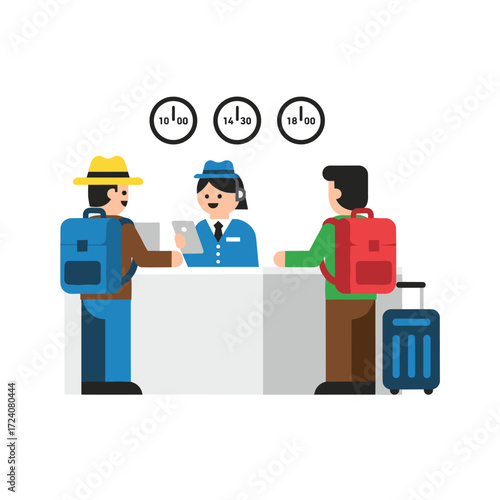 A young couple with suitcases stands at the reception desk to check into a hotel