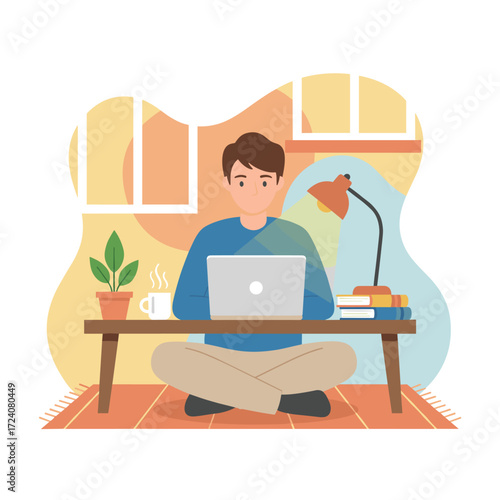 Illustration of a boy studying online on a laptop, presented as a flat vector graphic on a white background