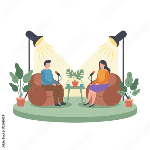 Illustration of a woman in a media newsroom conducting an interview live in a studio, set against a white background