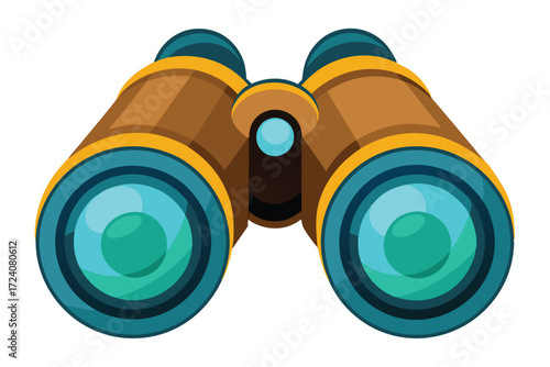 Vintage style binoculars, crafted with brown leather and turquoise lenses, stand poised against a white backdrop