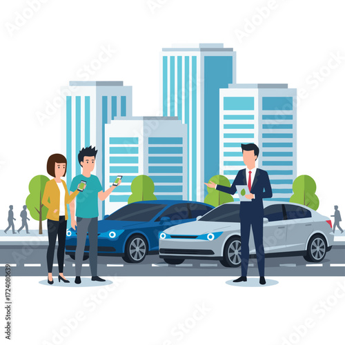 A salesman conversing with a young couple in a dealership showroom, suitable for web banners, infographics, and hero images, rendered in a modern flat‑color vector style