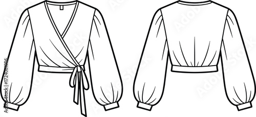 Women’s wrap blouse flat sketch with tie waist, long puff sleeves, cropped top design, technical fashion cad drawing, garment template vector for apparel clothing illustration