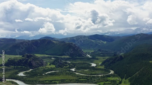 Aerial view of the mountain river between the mountains
